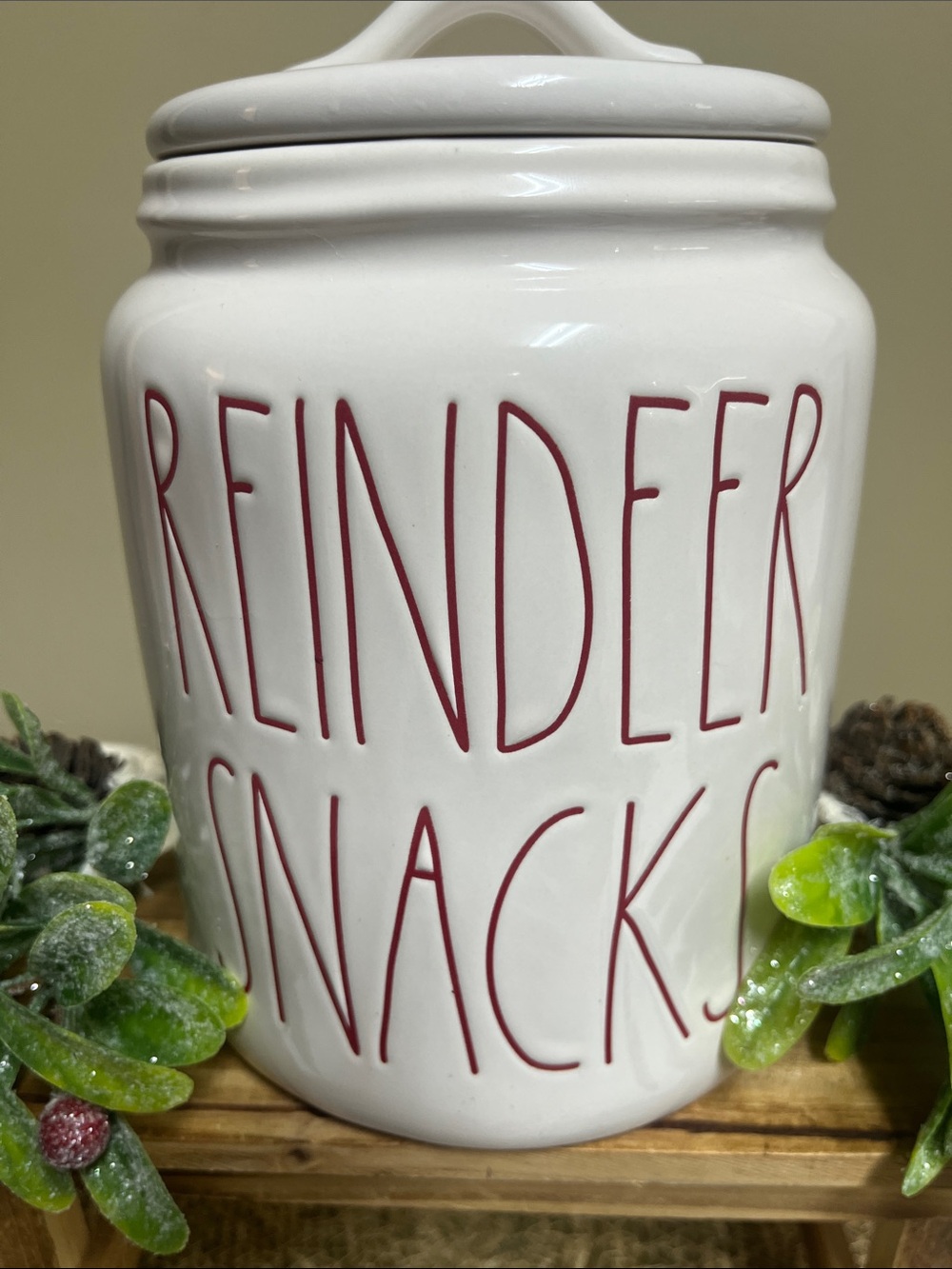 Rae Dunn Reindeer Snacks Canister in good condition